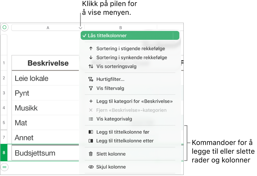 Tabellkolonnemenyen, med kommandoer for å legge til eller slette rader og kolonner.