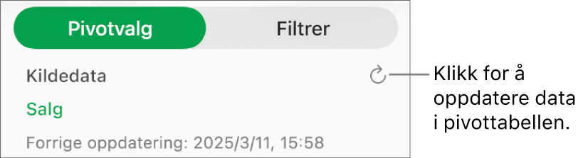 Pivotvalg-fanen med valget for å oppdatere pivottabellen.