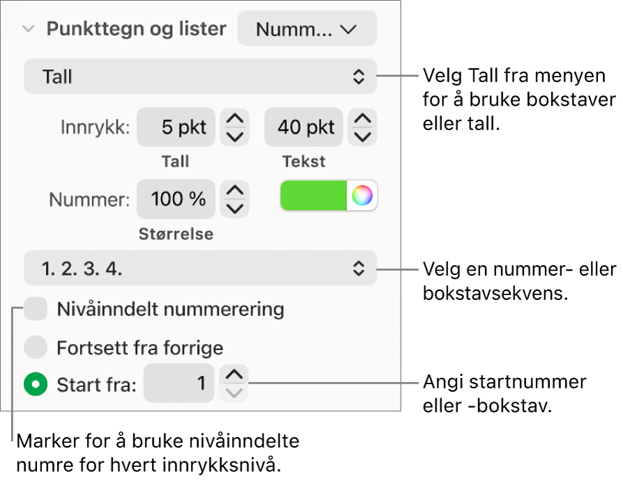 Kontrollene for å endre nummereringsstilen og avstanden for en liste.