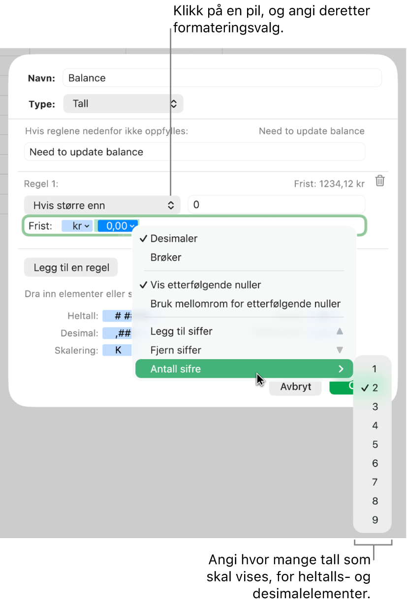 Tilpasset celleformat-vinduet, med kontroller for å velge tilpassede formateringsalternativer.