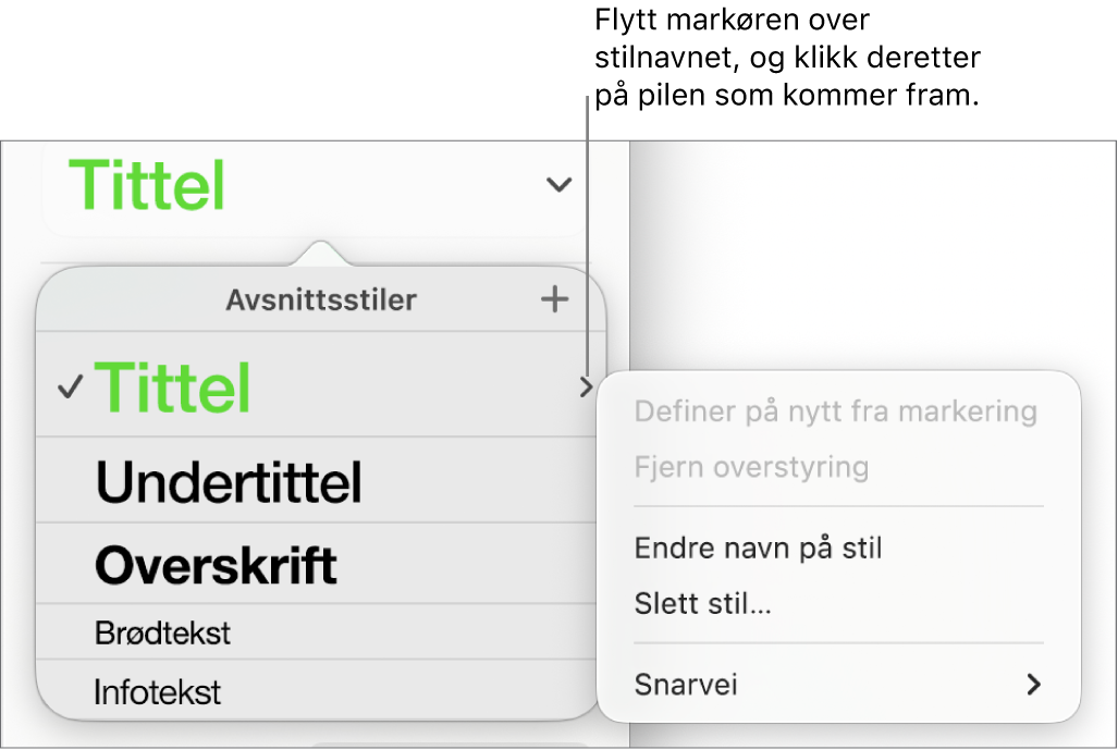 Avsnittsstiler-menyen, med snarveismenyen åpen.