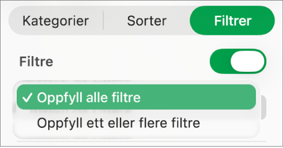 Lokalmenyen for å velge mellom å vise rader som samsvarer med alle filtre eller med ett filter.