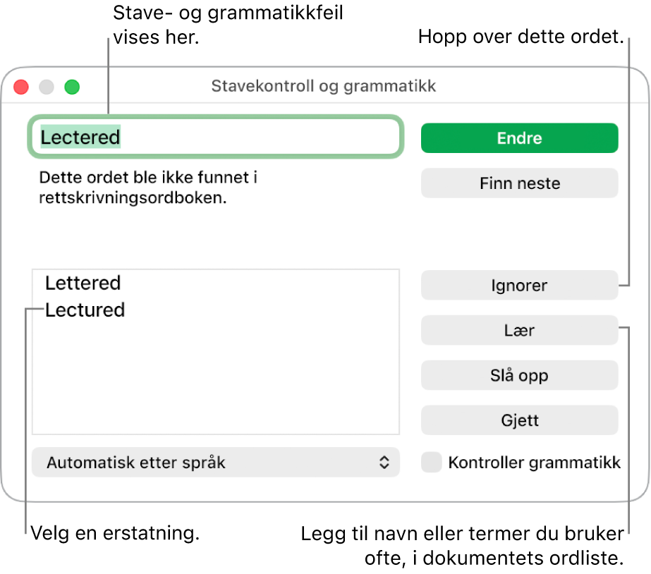 Stavekontroll og grammatikk-vinduet.