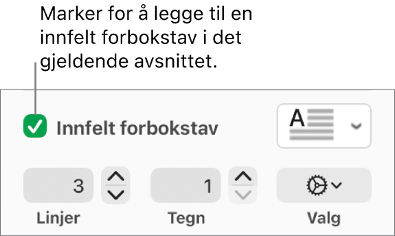 Innfelt forbokstav-avkrysningsruten er markert, og en lokalmeny vises til høyre. Kontroller for å angi linjehøyde, antall tegn og andre valg vises under.