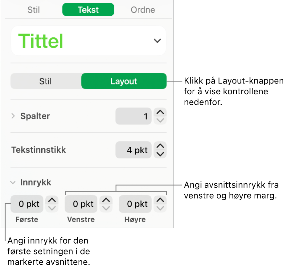 Layout-delen i Format-sidepanelet, som viser kontroller for å angi innrykk for første linje og avsnittsmarger.