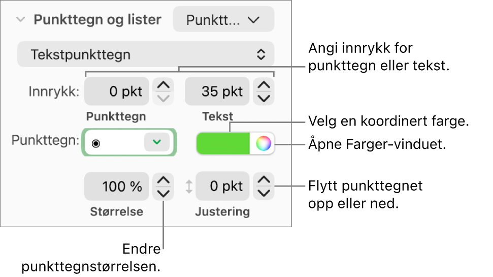 Punkttegn og lister-delen, med forklaringer på kontroller for punkt- og tekstinnrykk, punktfarge, punktstørrelse og justering.