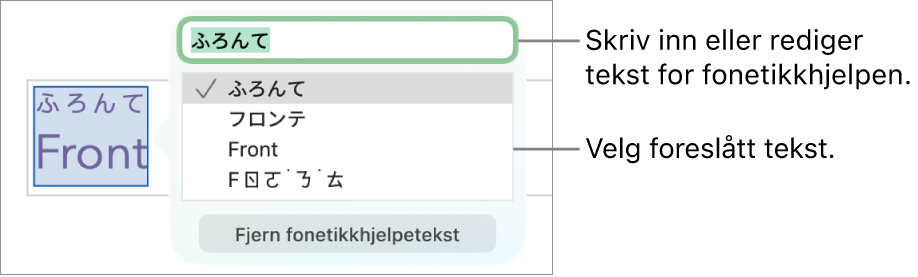 Fonetikkhjelpen er åpnet på et ord, med forklaringer for tekstfelt og foreslått tekst.
