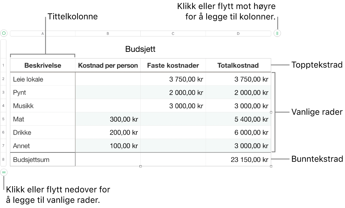 En tabell som viser tittelrader og -kolonner, vanlige rader og kolonner, bunnrader og -kolonner og håndtak for å legge til eller slette rader eller kolonner.