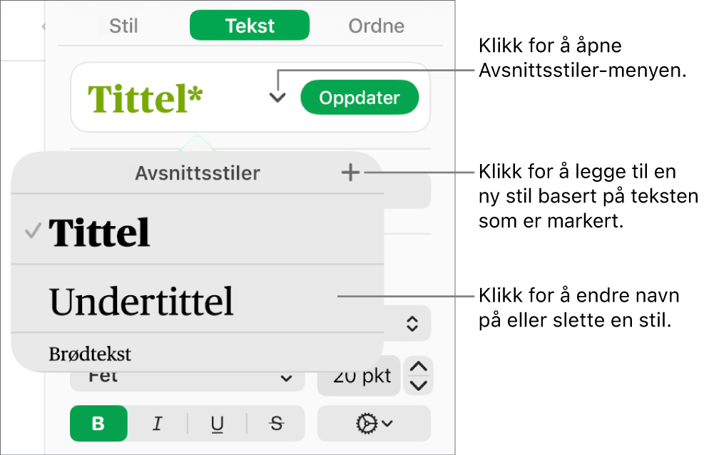 Avsnittsstiler-menyen, som viser kontroller for å legge til eller endre en stil.