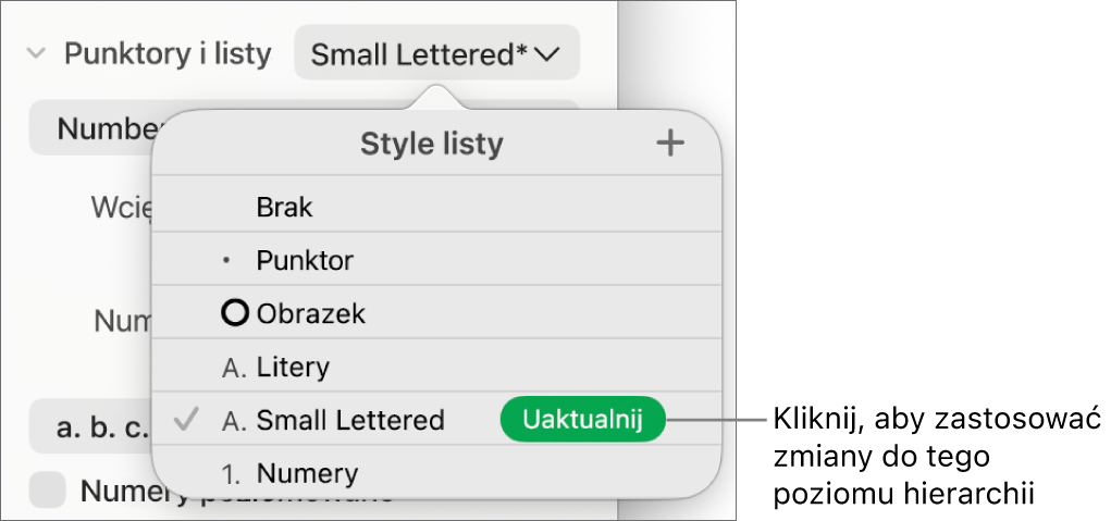 Menu podręczne Style listy z przyciskiem Uaktualnij obok nazwy nowego stylu.