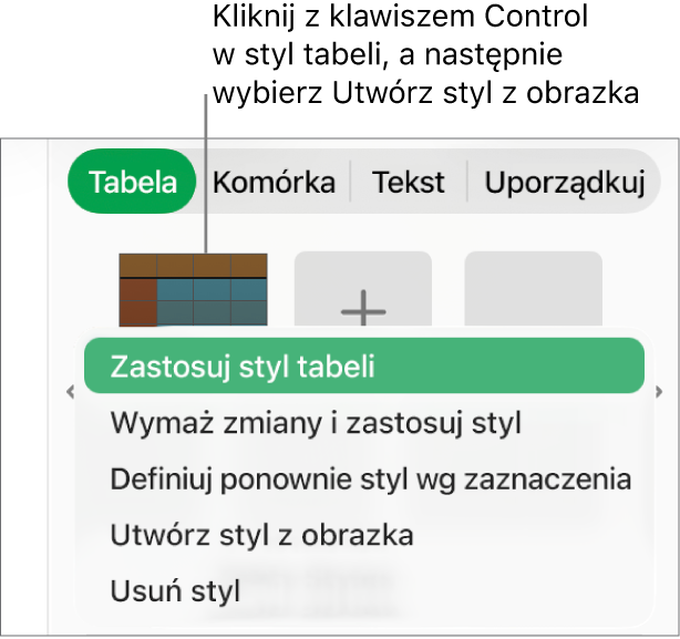 Menu podręczne stylu tabeli.