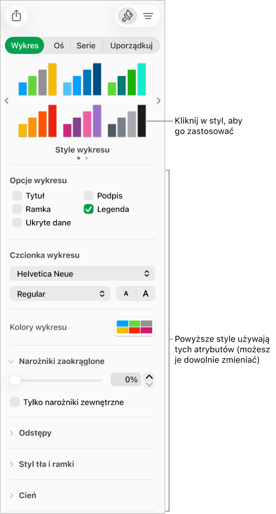 Pasek boczny formatowania zawierający narzędzia formatowania wykresów.