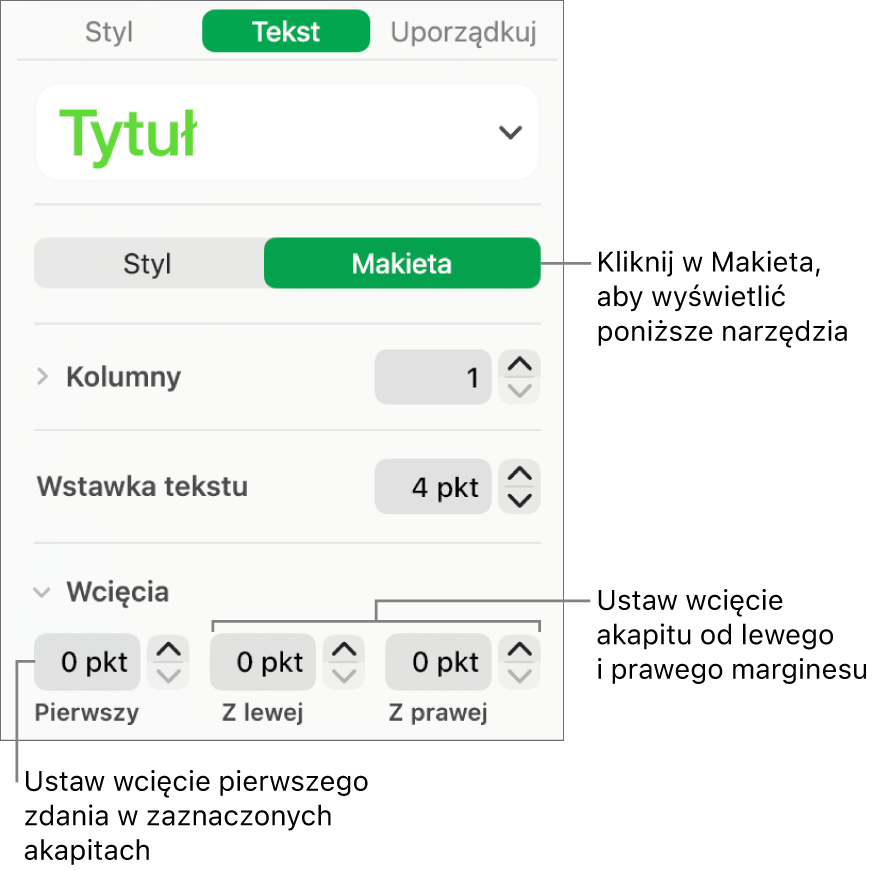 Sekcja Makieta na pasku bocznym Format, zawierająca narzędzia ustawiania wcięcia pierwszego wiersza oraz marginesów akapitu.