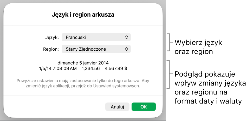 Panel Język i region z narzędziami do ustawień języka i regionu, a także przykład formatu zawierający datę, czas, liczbę dziesiętną oraz walutę.
