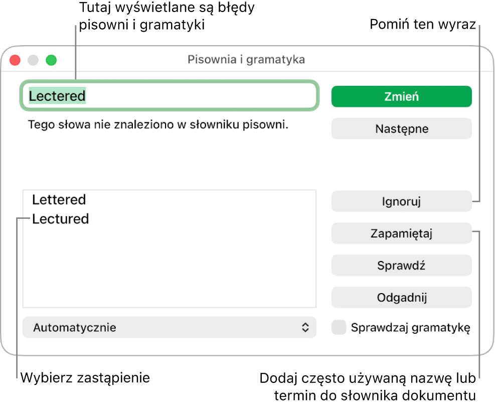 Okno pisowni i gramatyki.
