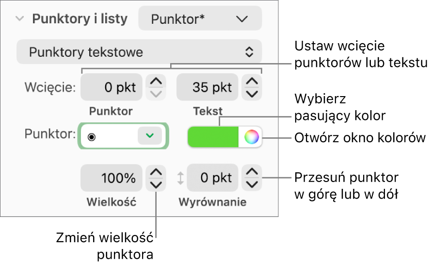 Sekcja Punktory i listy z etykietami wskazującymi narzędzia wcięć punktorów i tekstu, koloru punktora, wielkości punktora oraz wyrównywania.
