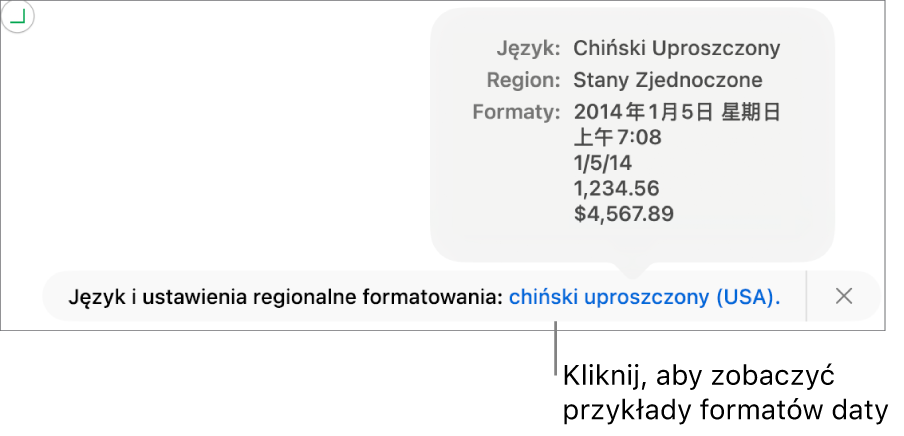 Powiadomienie o różnicy ustawień dotyczących języka i regionu, pokazujące przykłady formatowania używanego w wybranym języku i regionie.
