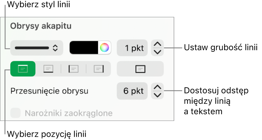 Narzędzia zmieniania stylu, grubości, pozycji i koloru linii.