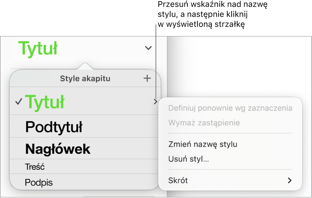 Menu Style akapitu z otwartym menu skrótów.