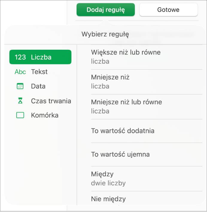 Typy reguł wyróżniania komórek.