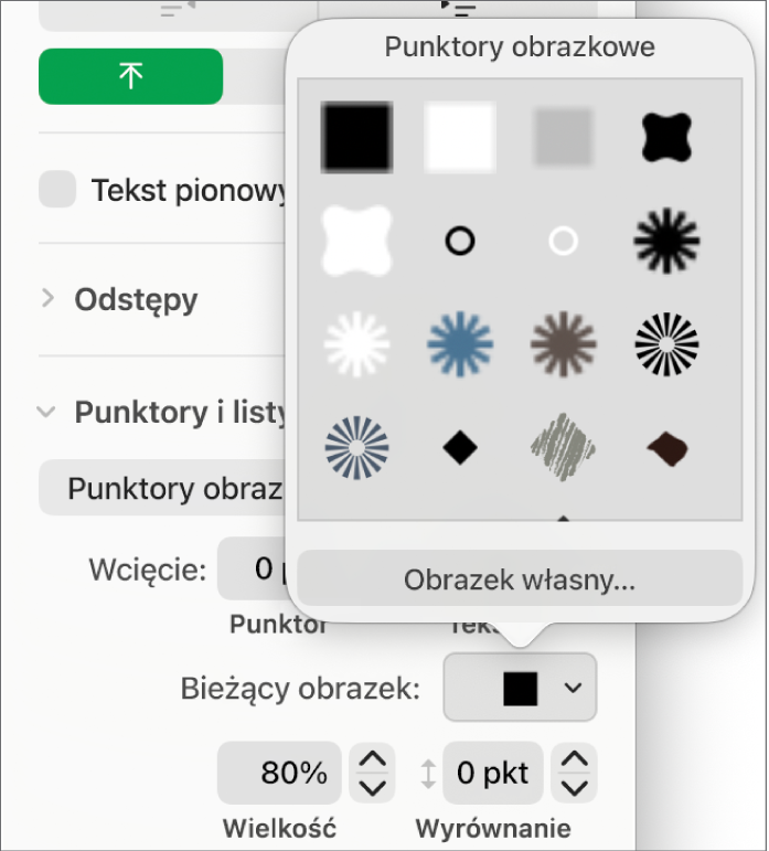 Menu podręczne Punktory obrazkowe.