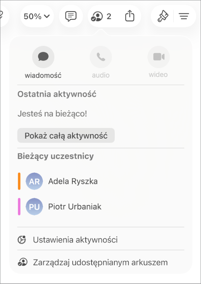 Menu współpracy zawierające nazwiska osób wspólnie pracujących nad arkuszem kalkulacyjnym.