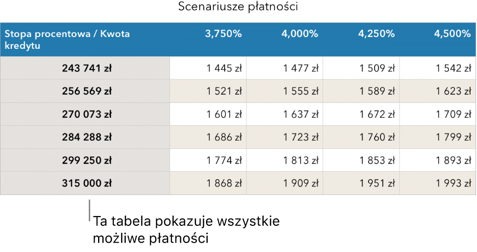 Tabela kredytu hipotecznego przed filtrowaniem w celu wyświetlenia przystępnych rat.