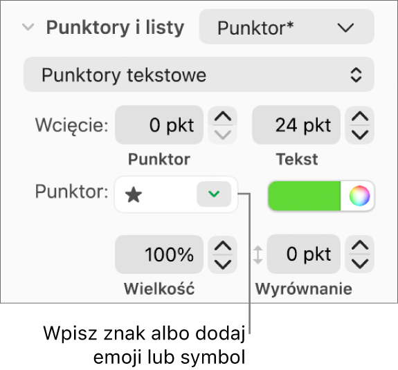Sekcja Punktory i listy na pasku bocznym Format. Pole Punktor zawiera emoji przedstawiające gwiazdę.