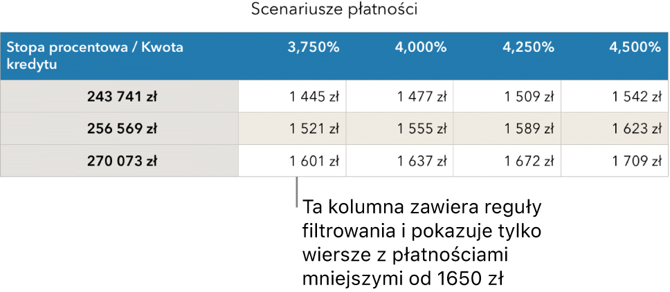 Tabela kredytu hipotecznego po filtrowaniu w celu wyświetlenia przystępnych rat.