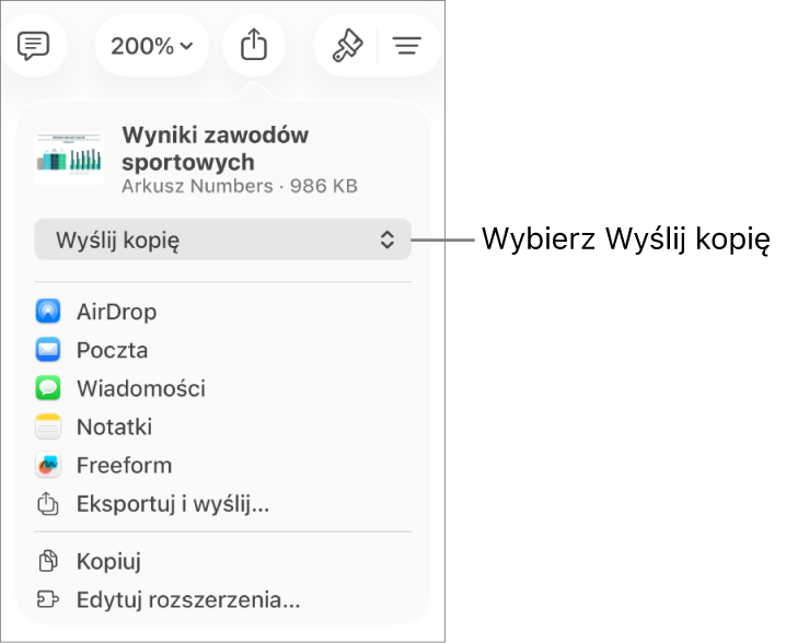 Menu udostępniania z wybraną opcją Wyślij kopię (na górze).