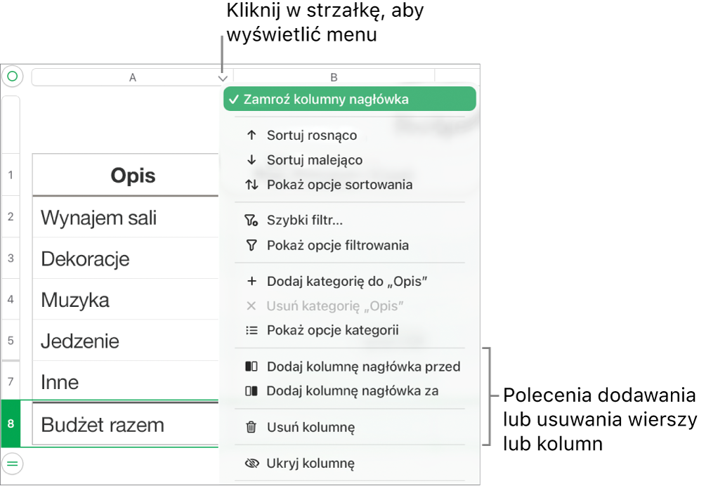 Menu kolumny tabeli z poleceniami służącymi do dodawania lub usuwania wierszy i kolumn.