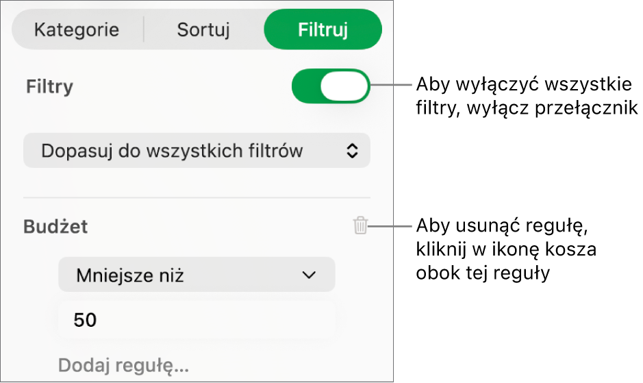 Narzędzia usuwania filtra lub wyłączania wszystkich filtrów.
