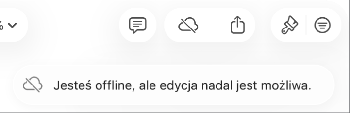Alert zawierający następującą informację: Brak połączenia z siecią, ale edycja nadal jest możliwa.