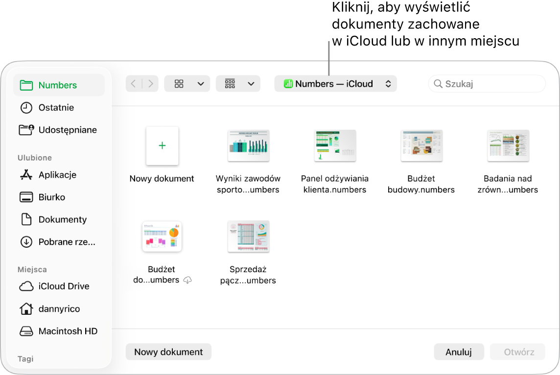 Okno dialogowe Otwórz z paskiem bocznym widocznym po lewej. W menu podręcznym znajdującym się na górze wybrana jest opcja iCloud Drive. W oknie dialogowym widoczne są foldery Keynote, Numbers i Pages, a także przycisk Nowy dokument.