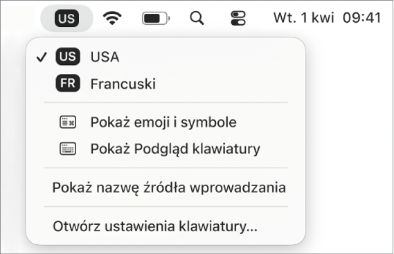 Menu wprowadzania w prawym górnym rogu paska menu.