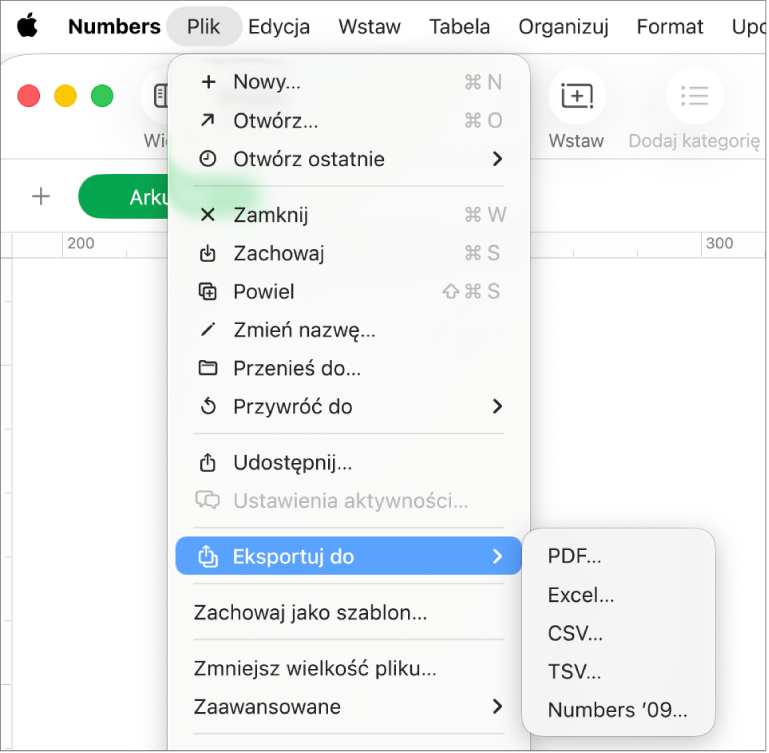 Otwarte menu Plik z wybranym poleceniem Eksportuj do i widocznym podmenu zawierającym opcje eksportu, takie jak PDF, Excel oraz CSV.