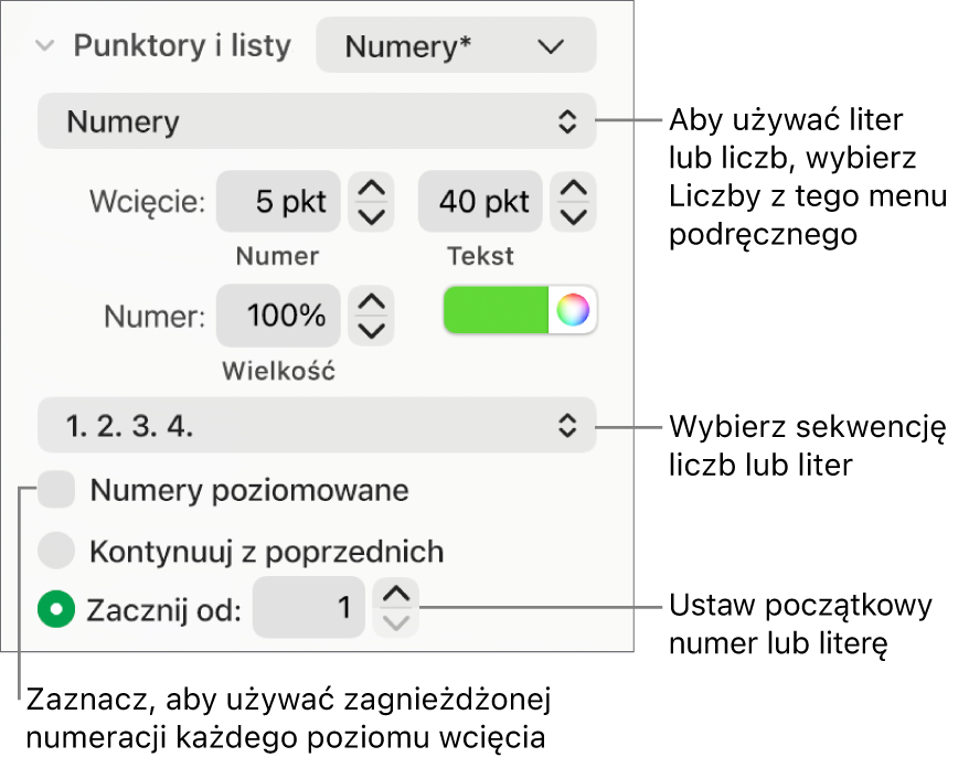 Narzędzia zmieniania stylu numeracji i odstępów listy.