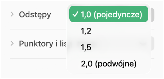 Menu podręczne Odstępy, zawierające pozycje Pojedyncze, Podwójne oraz inne opcje.