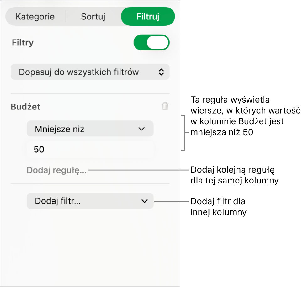 Narzędzia tworzenia reguł filtrowania.