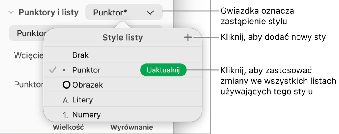 Menu podręczne Style listy z gwiazdką oznaczającą zastąpienie stylu oraz objaśnieniami przycisku Nowy styl oraz podmenu z opcjami zarządzania stylami.