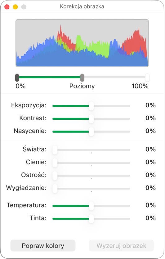 Okno korekcji obrazka, zawierające suwaki do ustawiania ekspozycji, kontrastu, nasycenia, świateł, cieni, ostrości, wygładzania, temperatury i tinty.