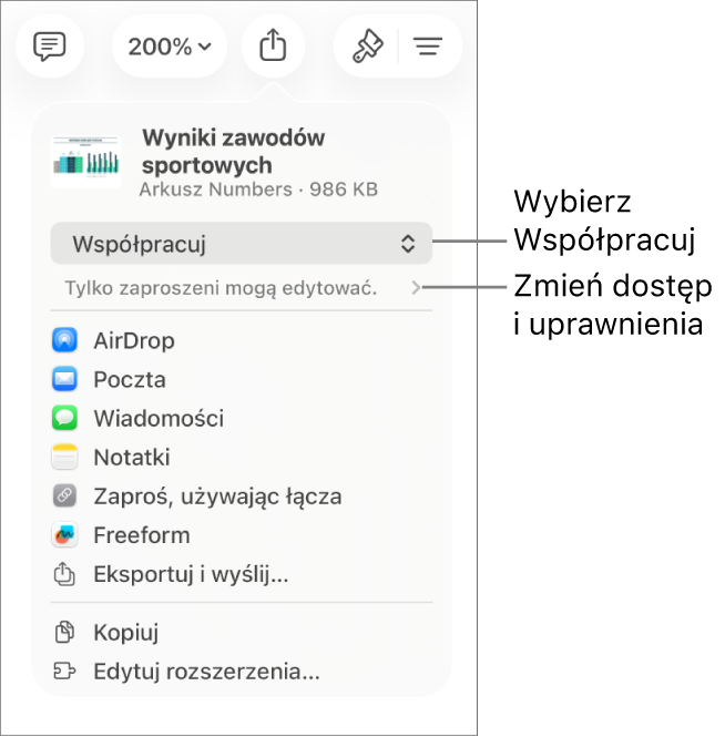 Menu udostępniania z opcją Współpracuj wybraną u góry oraz ustawieniami dostępu i uprawnień poniżej.