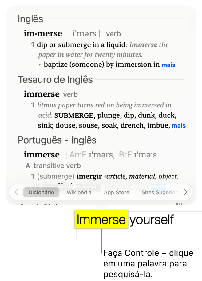Texto com uma palavra destacada e uma janela mostrando sua definição e um resultado do tesauro. Três botões na parte inferior da janela fornecem links para o dicionário, a Wikipédia e os sites sugeridos pela Siri.