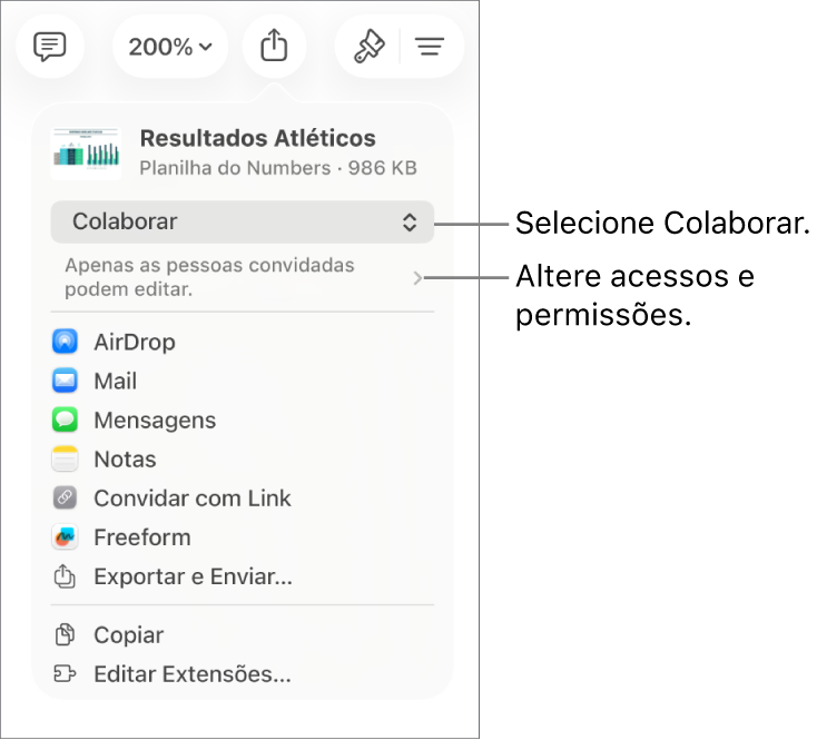 Menu Compartilhar com Colaborar selecionado na parte superior e os ajustes de acesso e permissão abaixo.