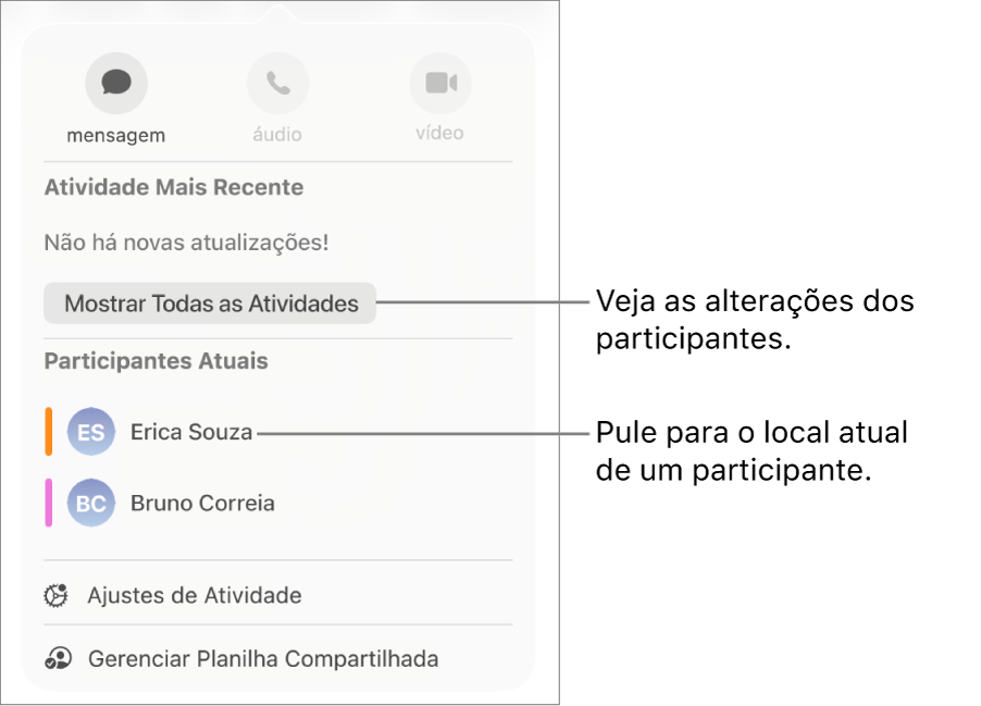 Menu de colaboração com dois participantes atuais listados.