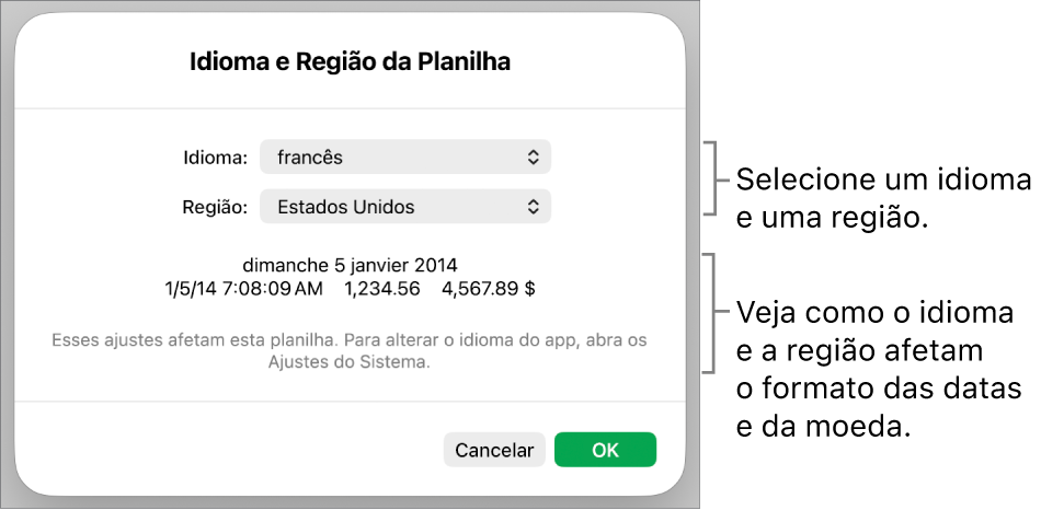Painel “Idioma e Região” com controles para idioma e região e um exemplo de formatação, incluindo data, hora, decimal e moeda.