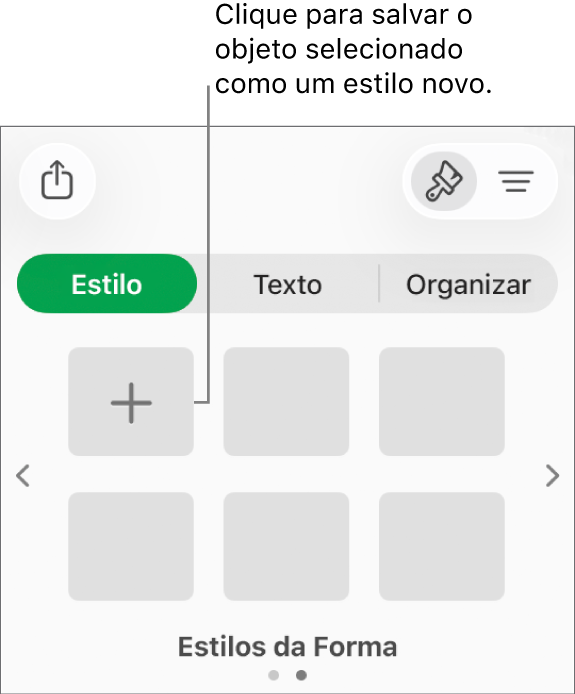 Aba Estilo da barra lateral Formatar com quatro estilos de imagens, um botão Criar Estilo e um marcador de posição de estilo vazio.