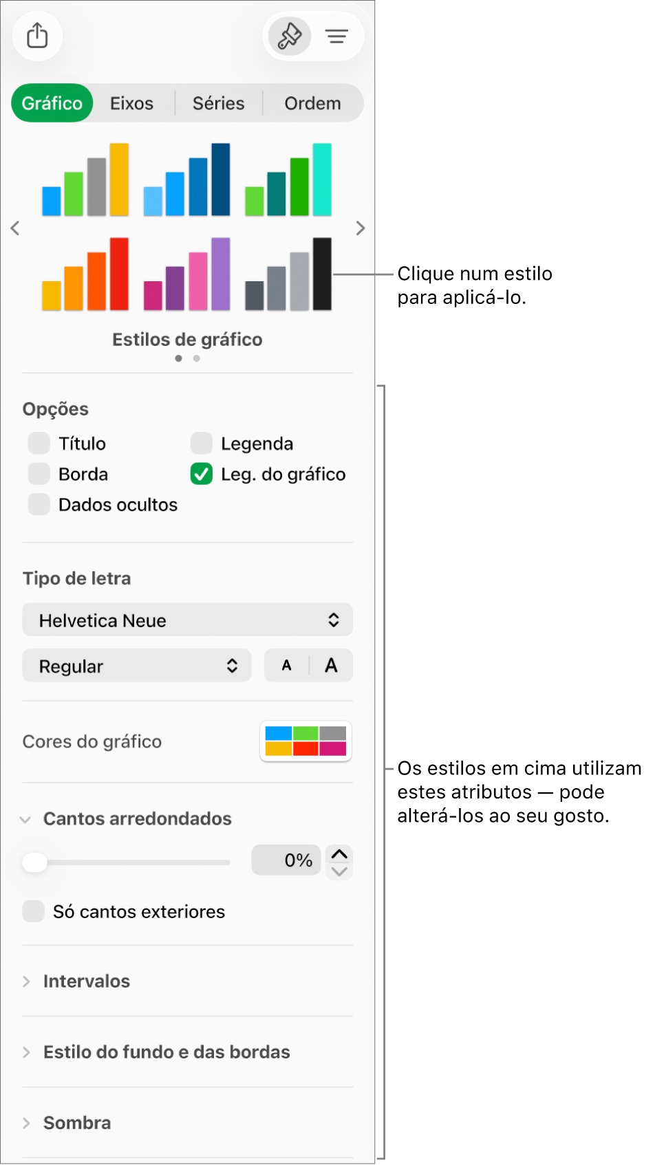 Barra lateral "Formatação” a mostrar os controlos para formatar gráficos.