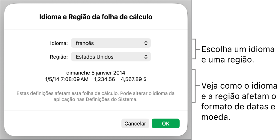 O painel “Idioma e região” com controlos de idioma e região e um exemplo da formatação, incluindo data, hora, decimal e moeda.