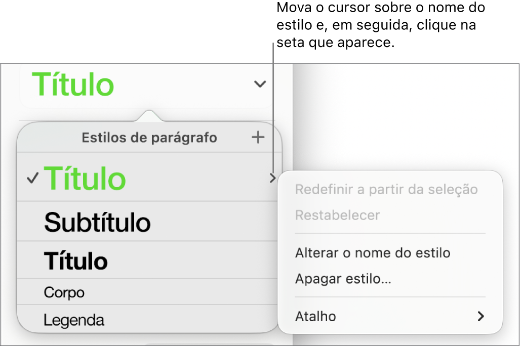 O menu “Estilos de parágrafo” com o menu de atalhos aberto.